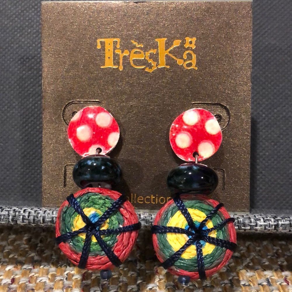 TRESKA Woven Multicolor Polka Dot Round Drop Earrings NWT